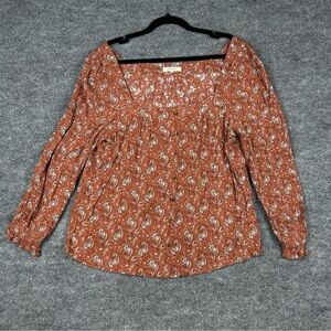 Angels Forever Young Rust Paisley Peasant Top L Square Neck Long Sleeve